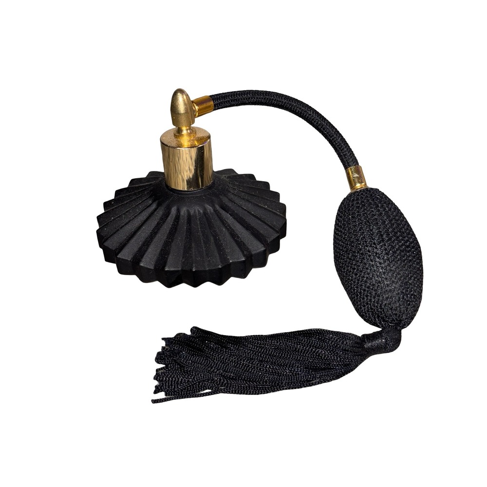 Vintage Black Glass Perfume Bottle Atomizer with Tassel Gold Accent Art Deco
